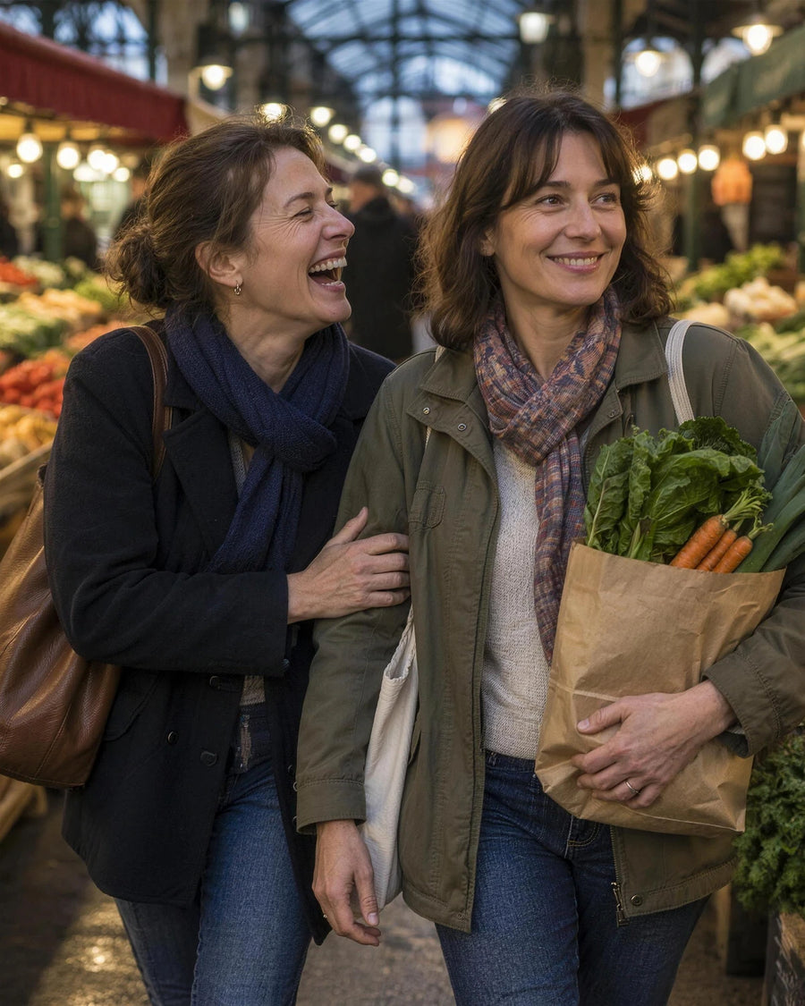 Deux amies rient ensemble dans un marché couvert en début de soirée